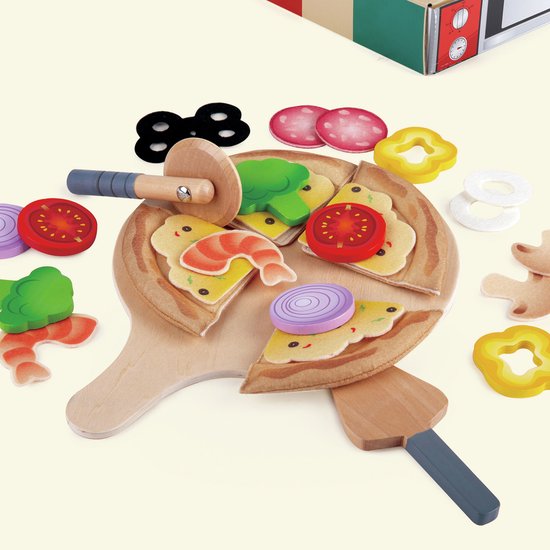 Hape Homemade Pizza met losse toppings, pizzasnijder en pizzaschep.